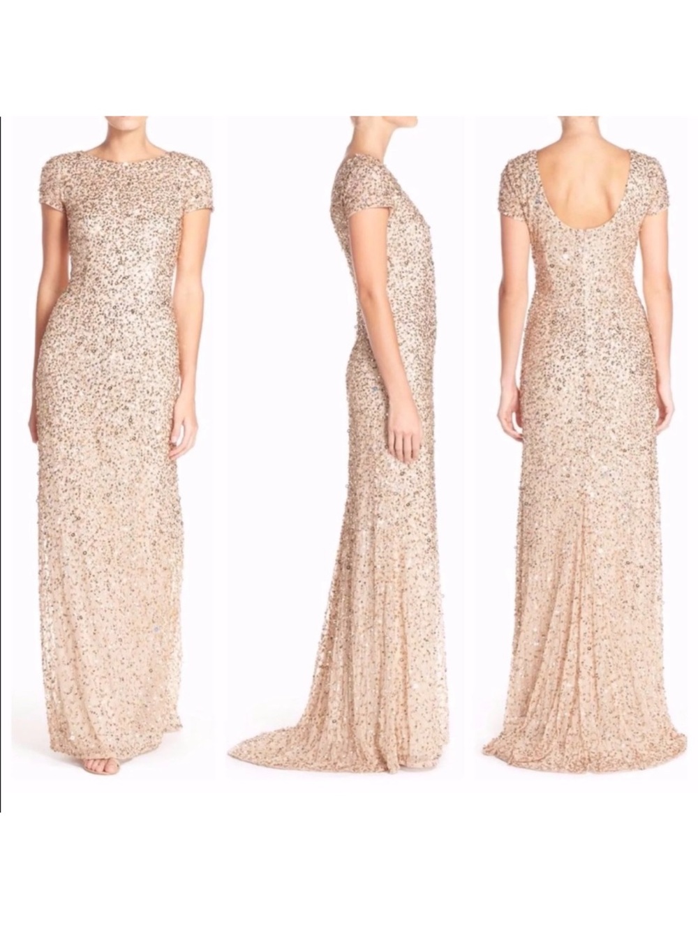 ADRIANNA PAPELL Scoop Back Sequin Maxi Gown Short Sleeve Full Length Blush Nude